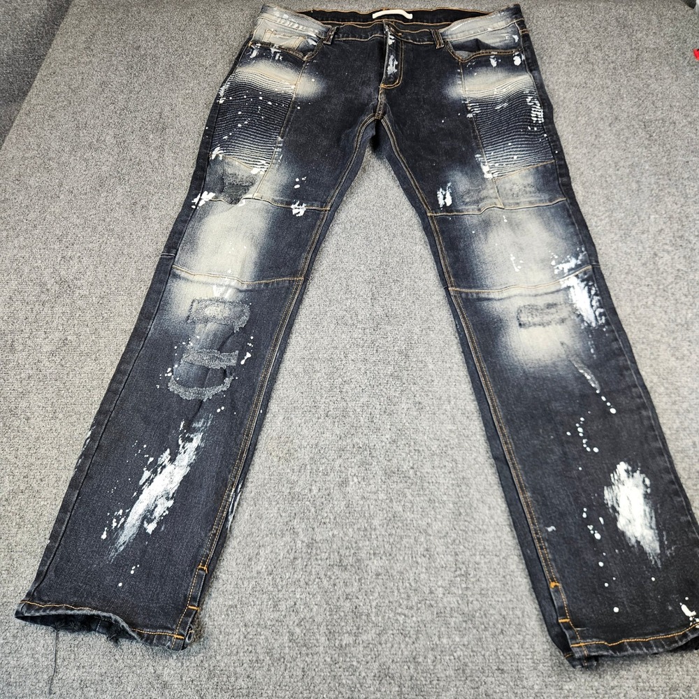 Golden Denim Mens 40 Paint Splatter Distressed Moto Dark Jeans Slim Straight